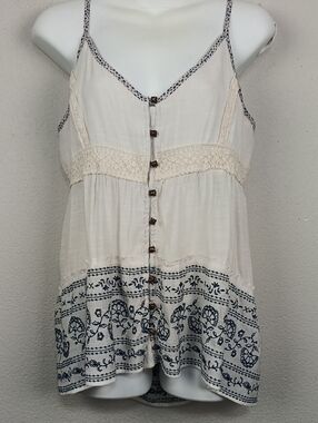 Jolt Women’s Cream & Blue  Embroidered Button-Front V Neck Boho Tank Top sz L